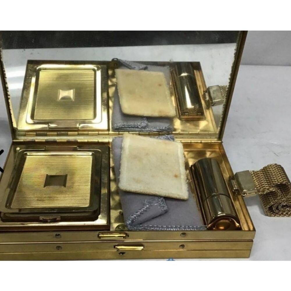 RARE Vintage Brushed Gold Minaudiere Clutch Cosmetic Cigarette‎ Case Combo - Picture 5 of 6